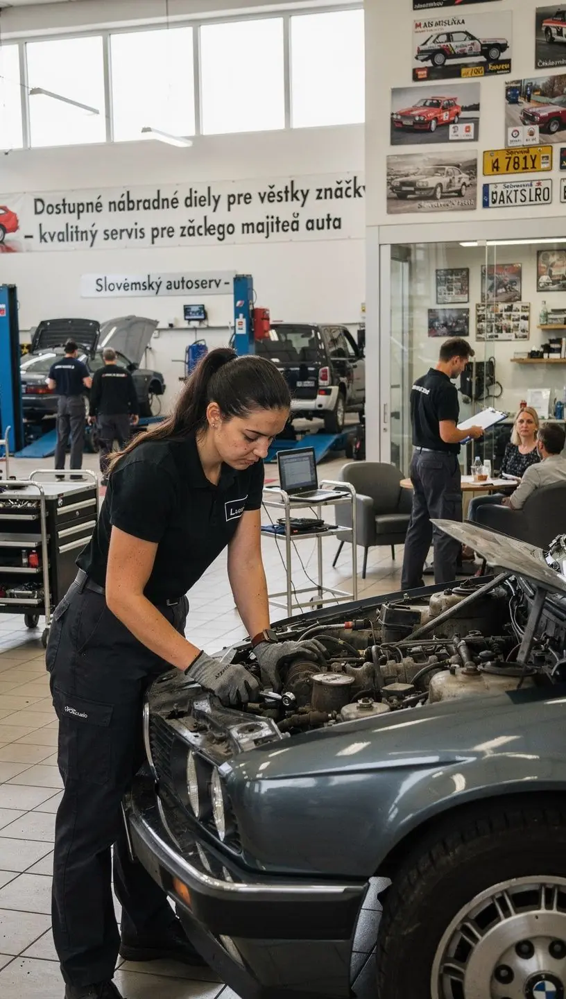 Detailný záber na náhradné diely a náradie používané pri oprave starších vozidiel v profesionálnom autoservise.